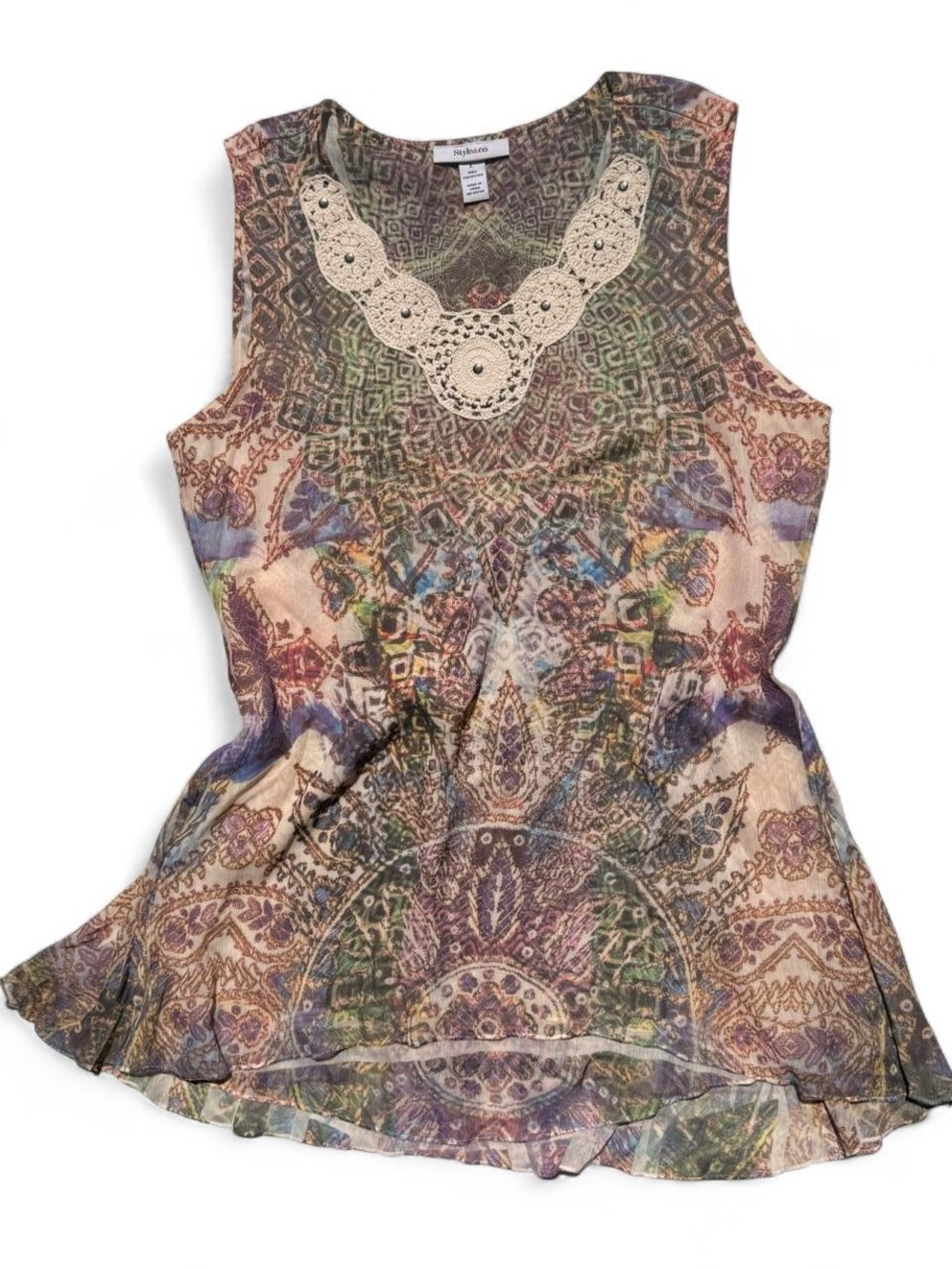 Style & Co Crochet-Trim Multicolor Sleeveless Boho Top - Large
